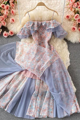 Romantisches langes Kleid mit Spitzen-Patchwork und Blumendruck, schulterfrei, hoher Schlitz, Partykleid